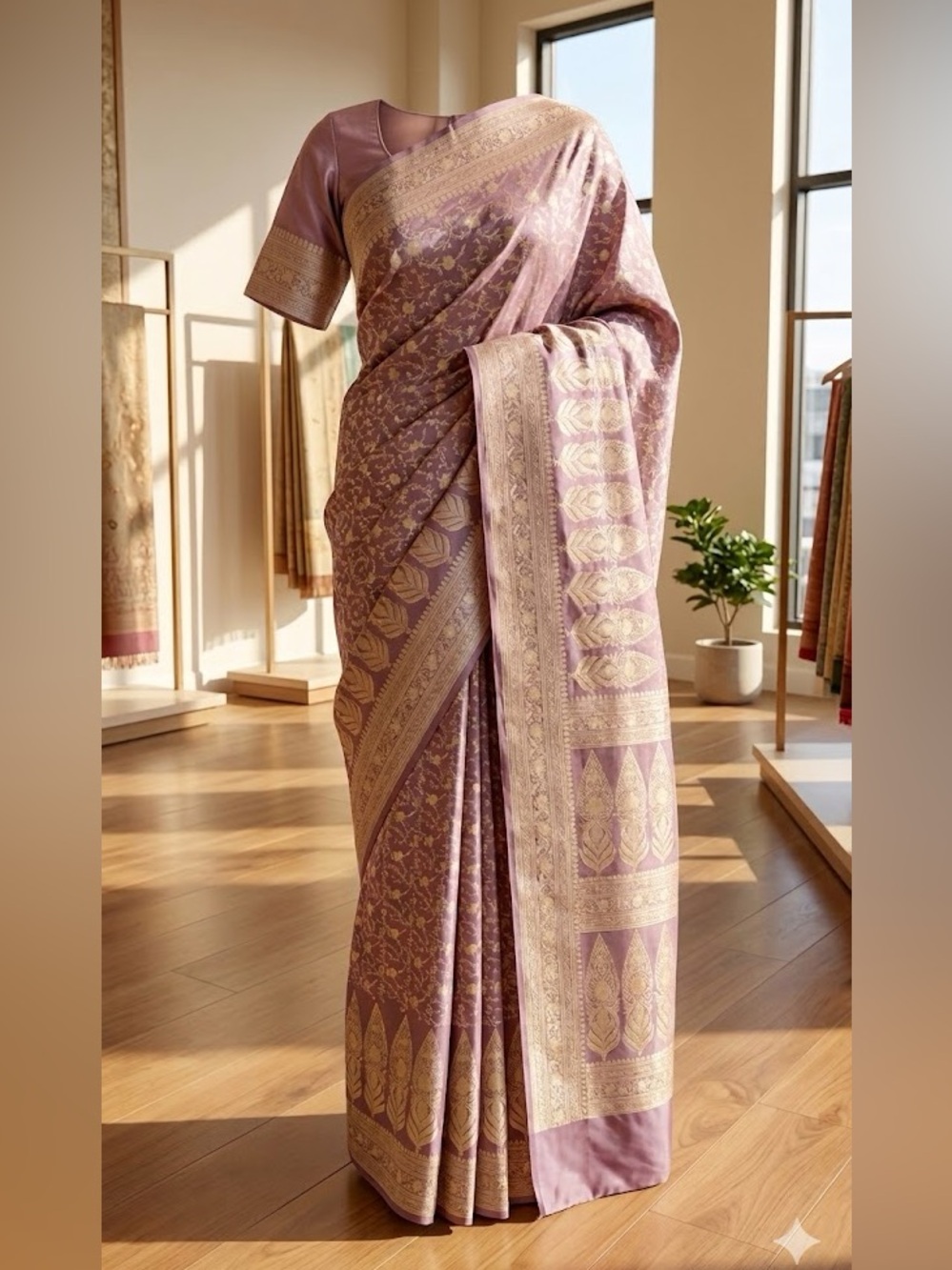 Gorgeous Banarasi Silk Saree with Blouse - Dusty Mauve & Gold Zari | Size 34